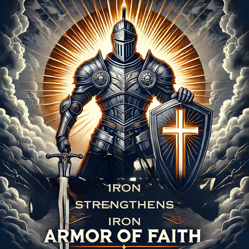 A knight in full armor holding a shield bearing a glowing cross