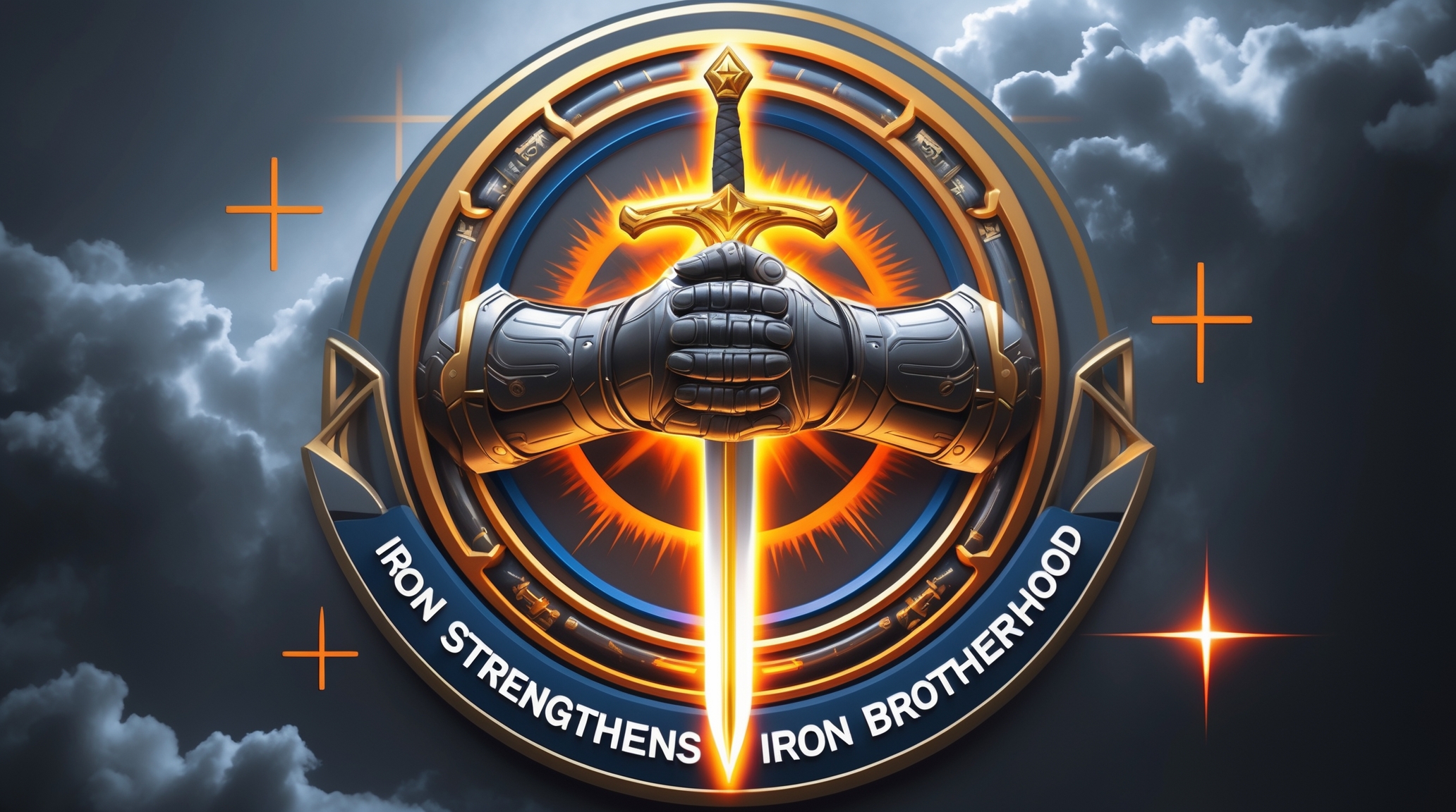 Two armored hands gripping a glowing sword against a storm