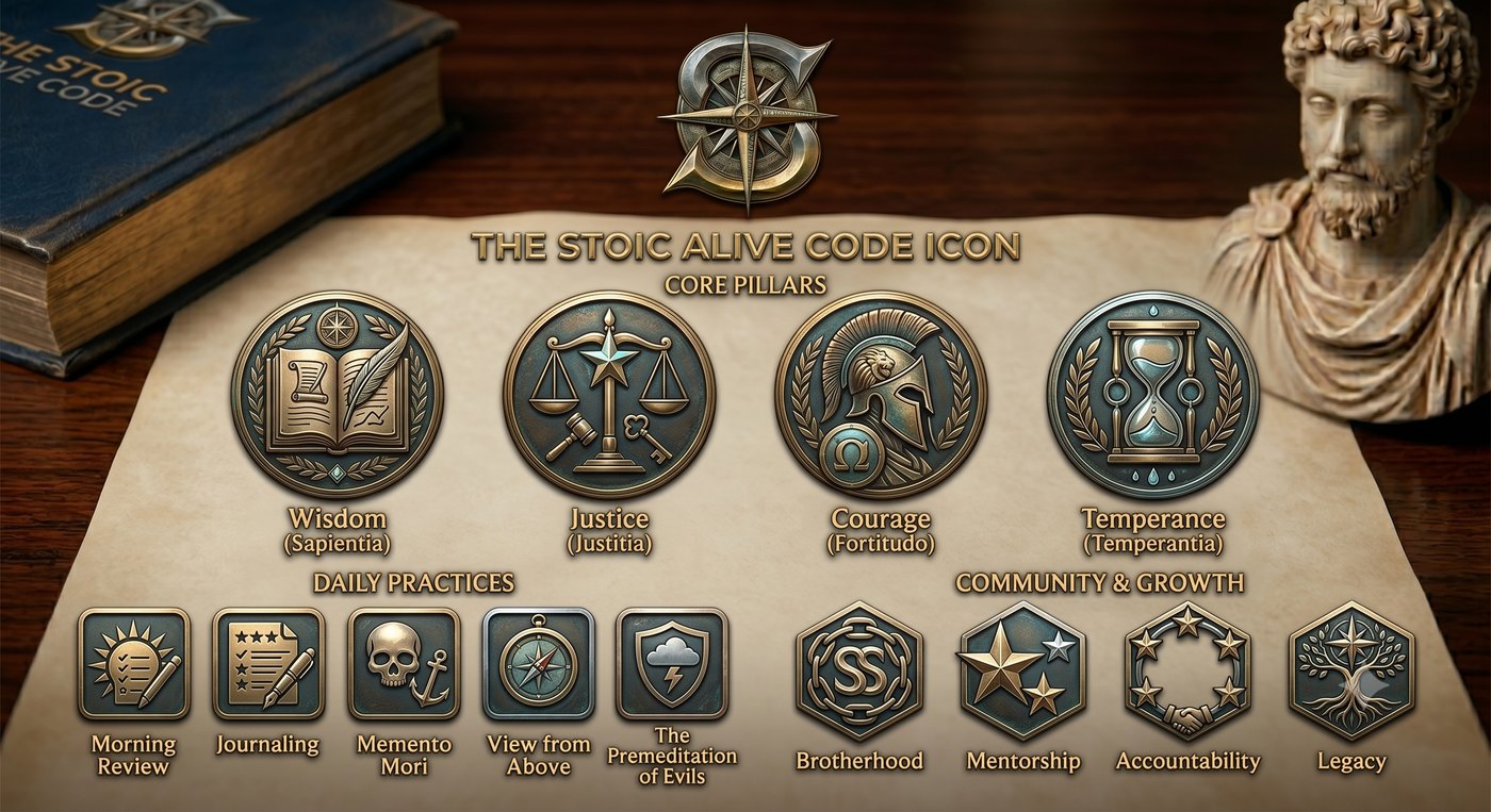 The five A.L.I.V.E. Code bronze medallions: Awareness, Liberation, Integrity, Vitality, Endurance